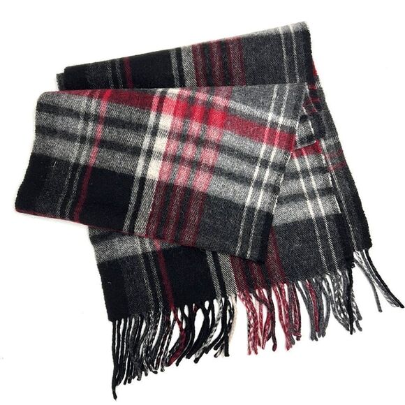 V. FRAAS Wool Cashmere Blend Gray Red Plaid Scarf Unisex - Picture 2 of 9